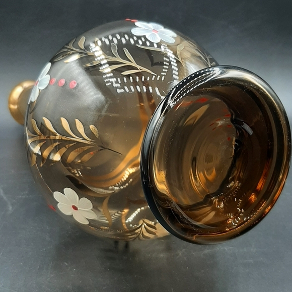 Vintage Smoky Brown Glass Decanter Set 6 Glasses Gold Trim Hand Painted Barware - Picture 6 of 8